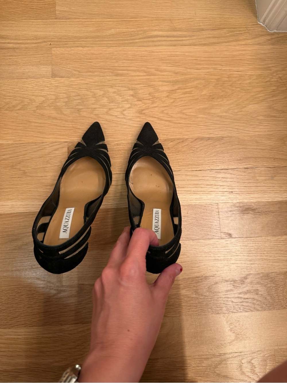 Aquazzura Black Suede and Sheer Mesh Pointed-Toe Stiletto Pumps - Picture 6 of 6